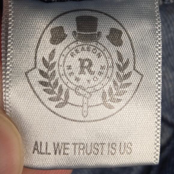 REASON Jean Jacket Mens Small Blue Hand Crafted Denim Button Up Cotton Pockets - Picture 4 of 14